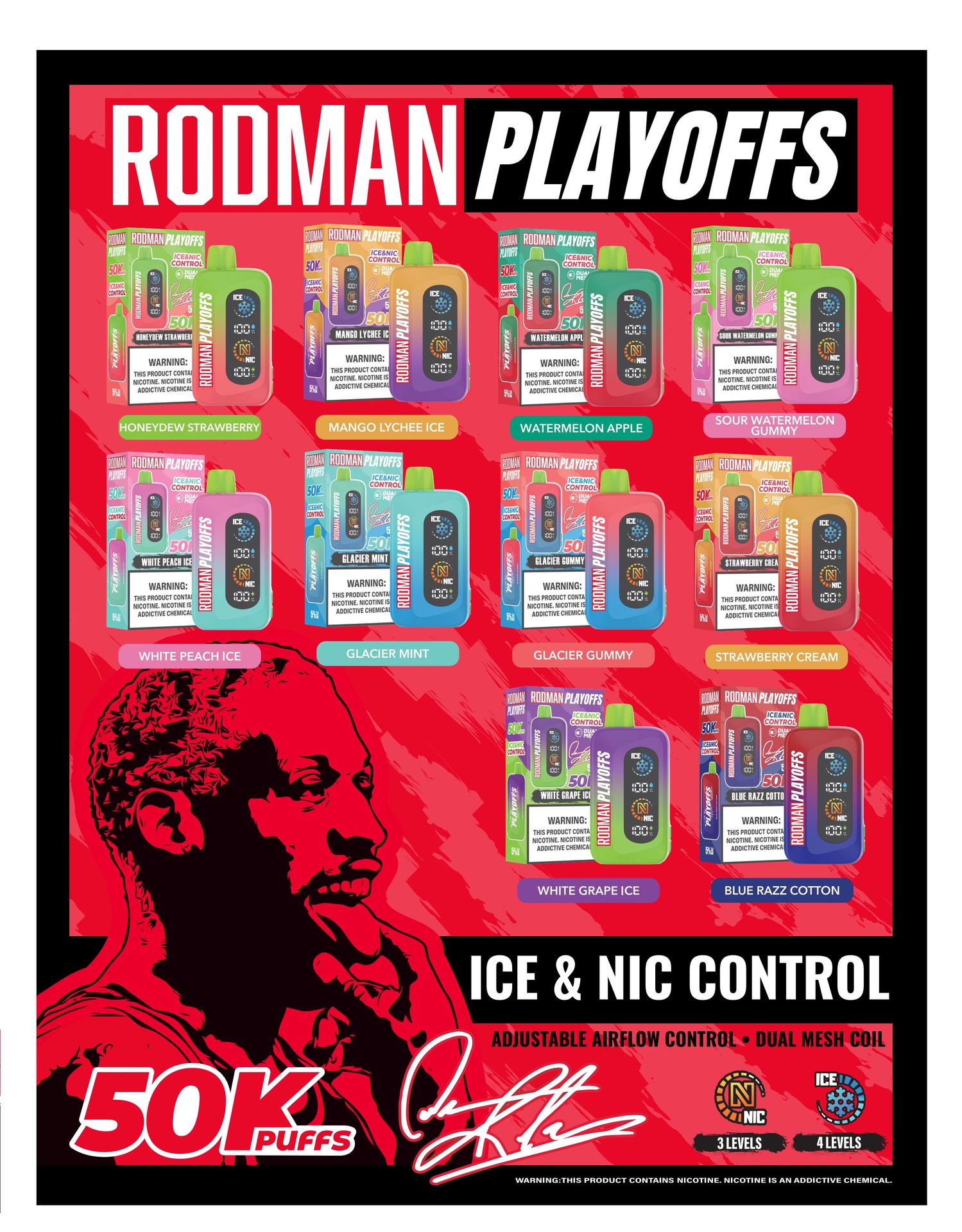 RODMAN 50K Disposable – 50,000 Puff Adjustable Nic & Ice Mesh Coil (Blue Razz Cotton)